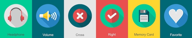 Um conjunto de 6 ícones de interface de usuário como cruz de volume de fone de ouvido