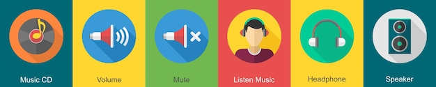 Um conjunto de 6 ícones de música como CD de música volume mute