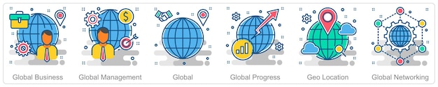 Um conjunto de 6 ícones de negócios como negócios globais gestão global global