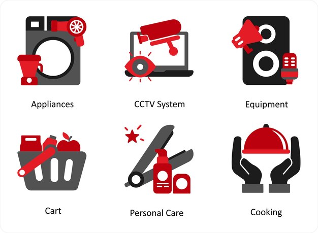 Um conjunto de 6 ícones de tecnologia como aparelhos de equipamento de sistema de cctv