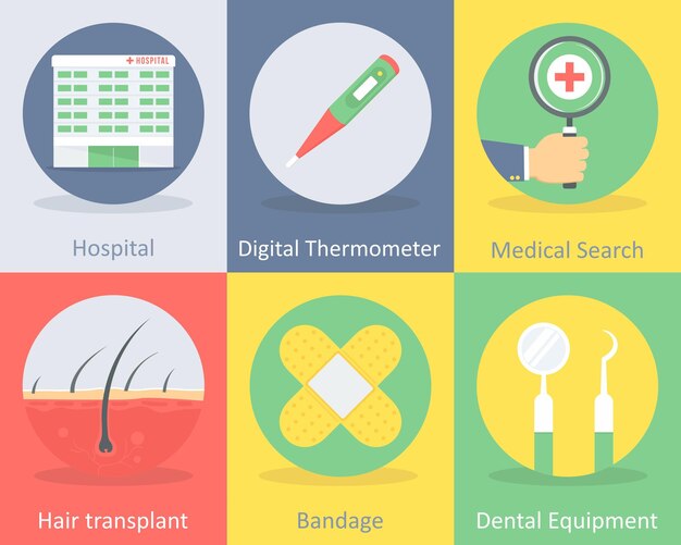 Um conjunto de 6 ícones médicos, como o termômetro digital do hospital