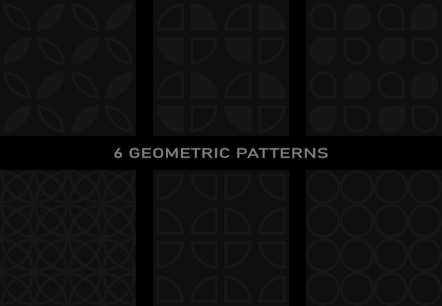 Um conjunto de 6 padrões geométricos sem costura. fundo escuro, linhas cinza escuro, formas geométricas.