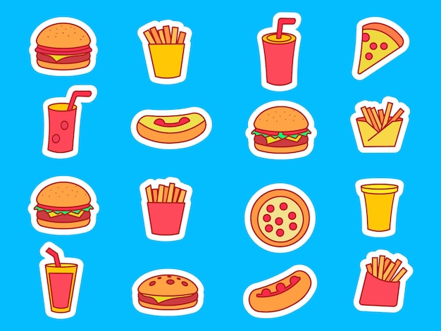 Um conjunto de adesivos coloridos de fast food com hambúrgueres, batatas fritas, pizza e bebidas