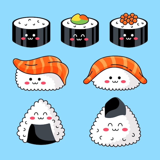 Vetor um conjunto de adesivos de bebê fofo kawaii de sushi sashimi e maki