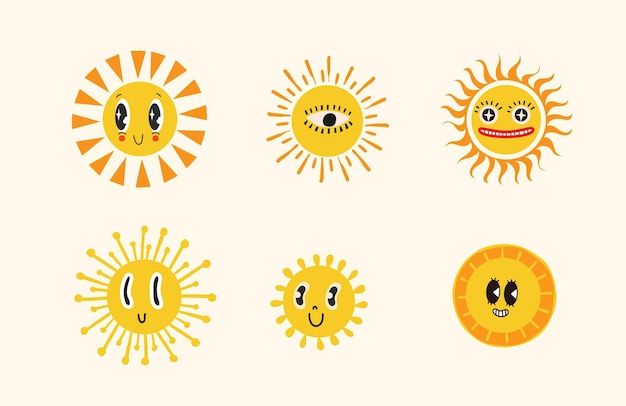 Um conjunto de adesivos o logotipo do sol sorriso rosto bom humor brutalismo design moderno o estilo das ilustrações dos anos 80