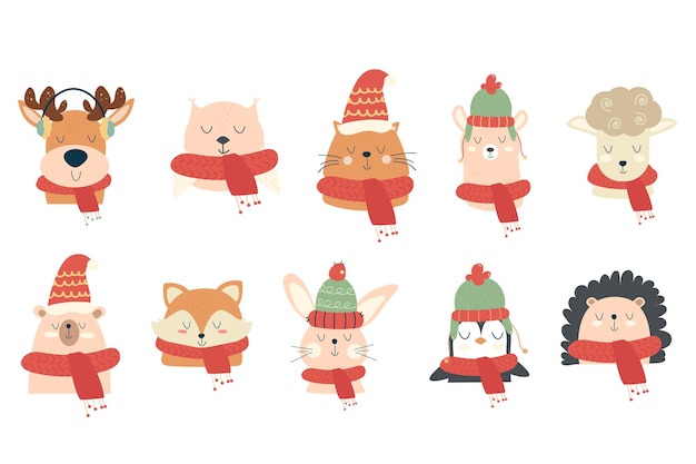 Um conjunto de animais boho de Natal em um cachecol e um outono de inverno de chapéu