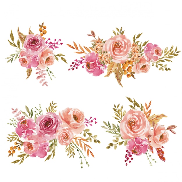 Um conjunto de arranjo de flores em aquarela de rosa e pêssego ou buquê para convite de casamento