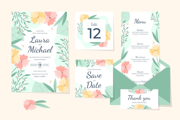 Um conjunto de artigos de papelaria de convite de casamento de flores