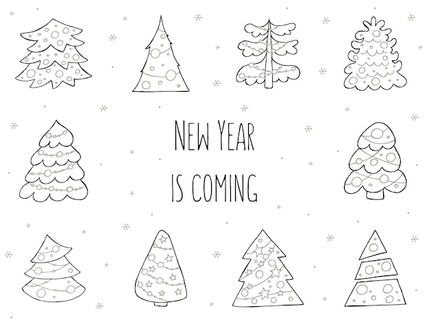 Um conjunto de árvores de natal desenhadas à mão ilustração vetorial no estilo doodle humor de inverno olá 2023 feliz natal e feliz ano novo elementos preto e cinza com flocos de neve em um fundo branco