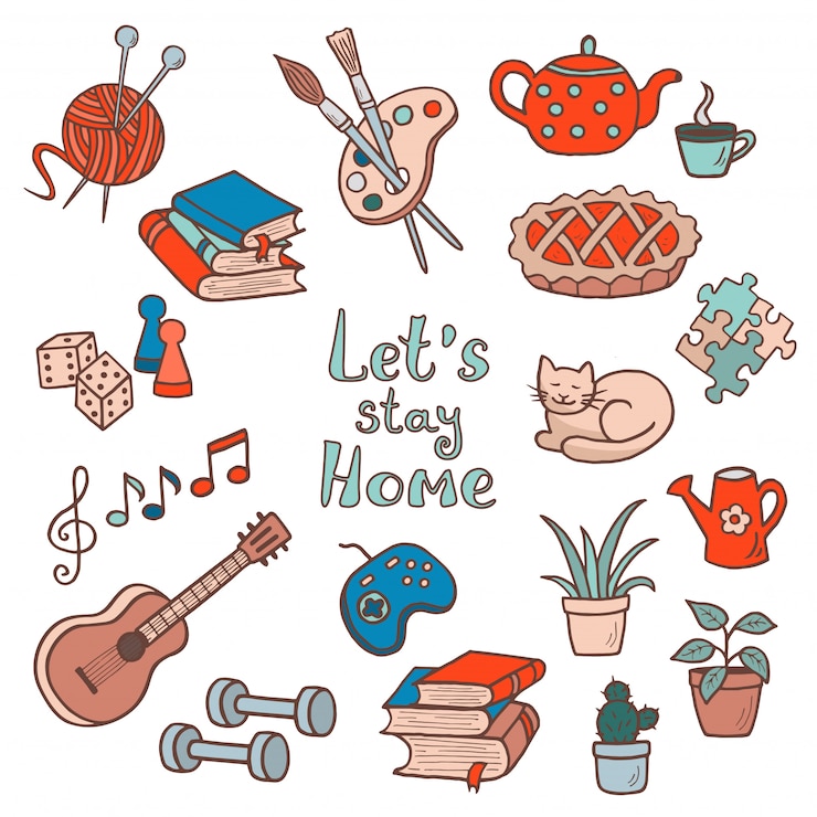 Vetor um conjunto de atividades domésticas doodle desenhado à mão, hobbies. slogan: fique em casa
