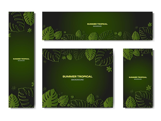 Um conjunto de banners coloridos de verão com plantas tropicais Ilustração vetorial