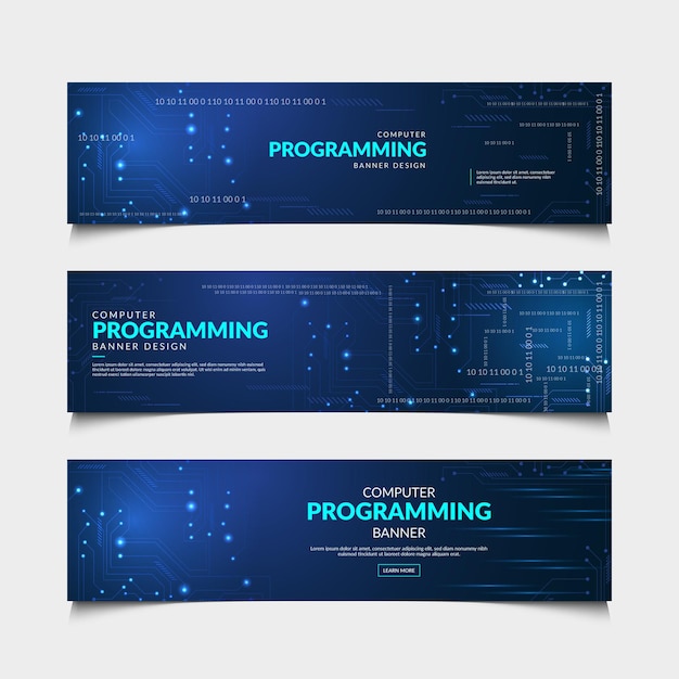 Um conjunto de banners de programação ou tecnologia com fundo azul