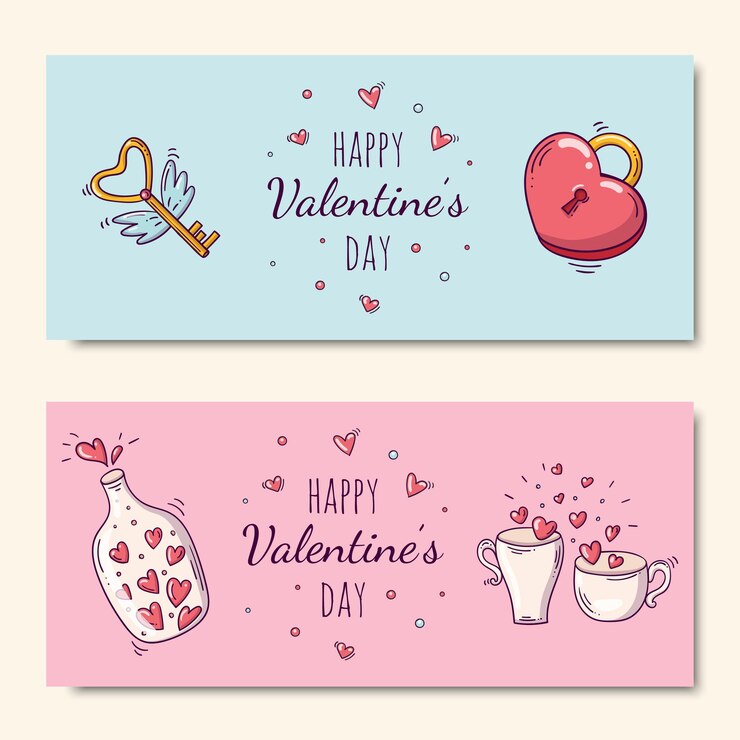 Vetor um conjunto de banners horizontais com uma garrafa e um par de copos brancos com corações e um cadeado em forma de coração e uma chave voadora em estilo doodle para o dia dos namorados
