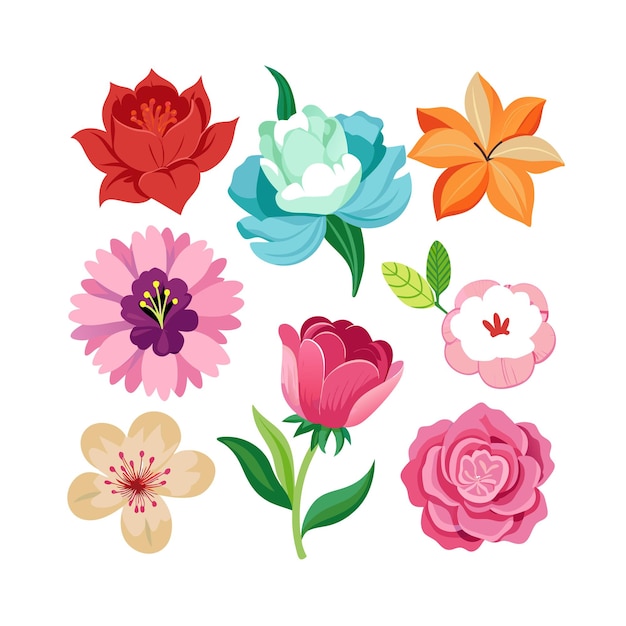 Um conjunto de belas ilustrações vetoriais de estilo plano de flores