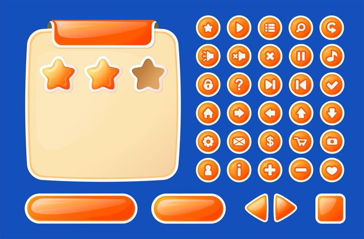 Um conjunto de botões para uma interface de jogo personalizada em estilo de desenho animado