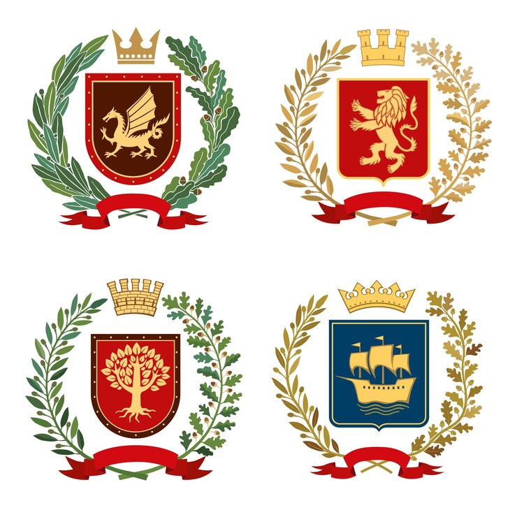 Um conjunto de brasões heráldicos Dragon Lion tree e navio no fundo dos escudos