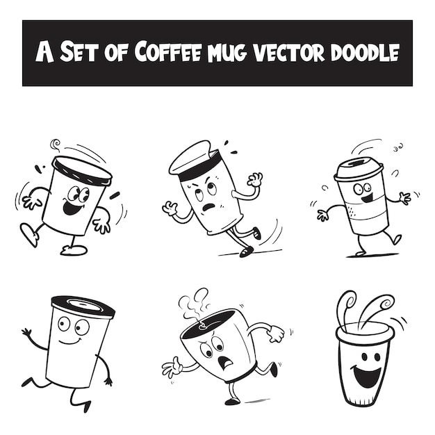 Vetor um conjunto de brincadeiras de xícara de café maliciosas em ilustração vetorial desenhada à mão de café