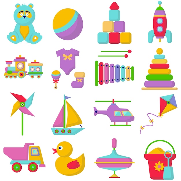 Um conjunto de brinquedos para crianças. Atividade lúdica, conjunto de personagens para a diversão das crianças.