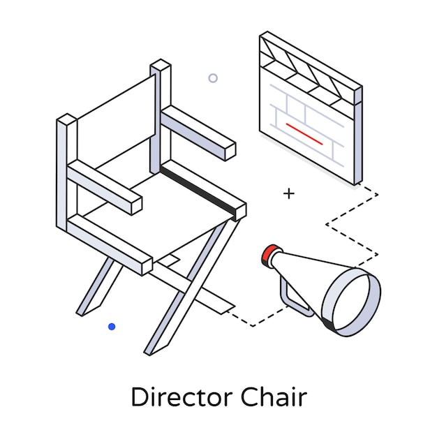 Um conjunto de cadeira de diretor e um megafone em um fundo branco