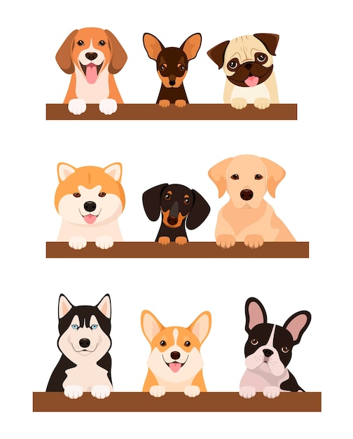 Um conjunto de cães engraçados em um fundo branco Desenho de desenho animado