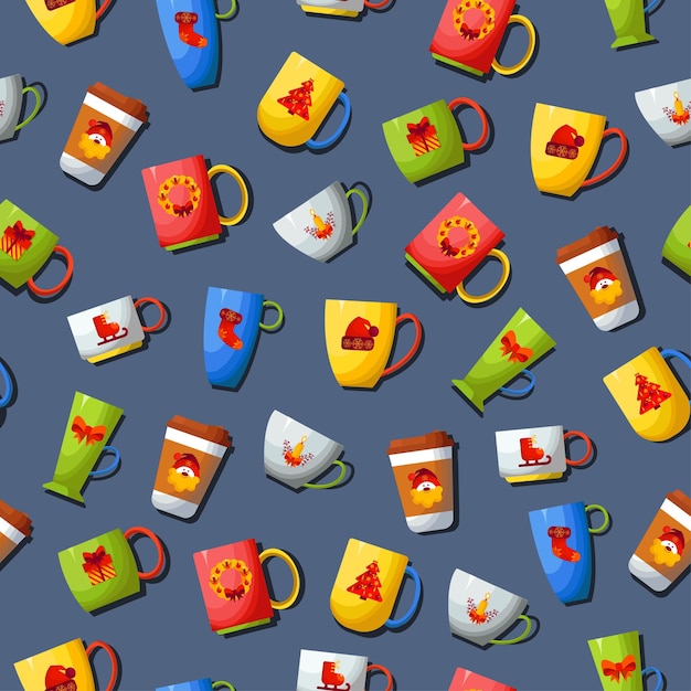 Um conjunto de canecas com desenhos de natal. festivo, canecas de natal. padrão sem emenda sobre um fundo cinza, com um conjunto de chá e canecas de café e xícaras com uma decoração de natal.
