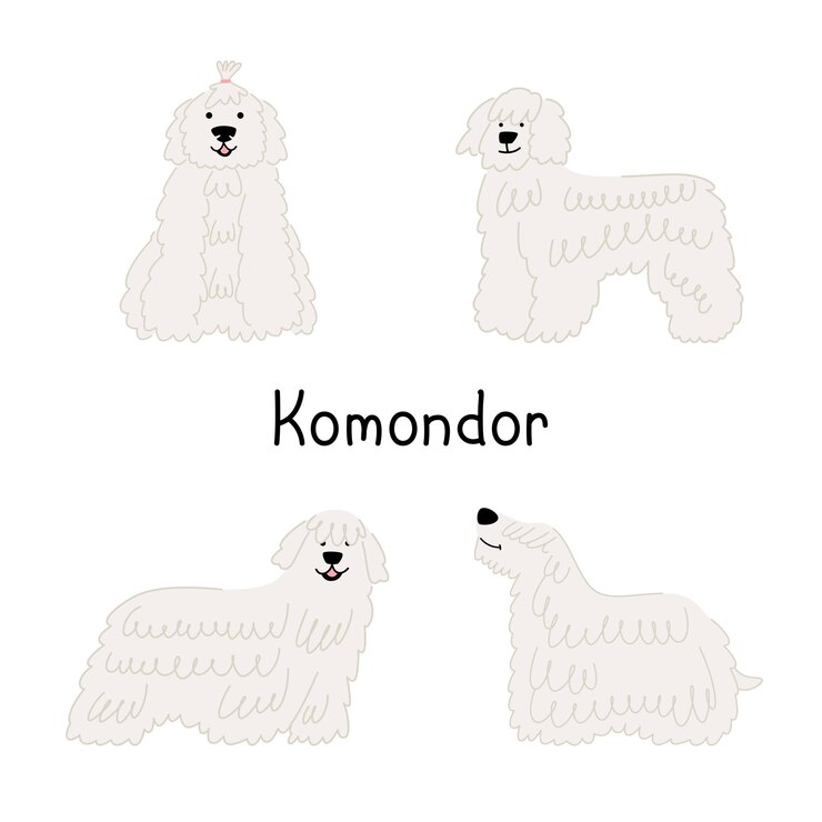 Vetor um conjunto de cão raça komondor ou pastor húngaro em diferentes poses. ilustração vetorial de um animal de estimação