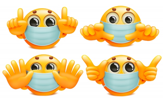 Um conjunto de caracteres emoji redondo amarelo em máscaras médicas brancas. coleção de estilo dos desenhos animados