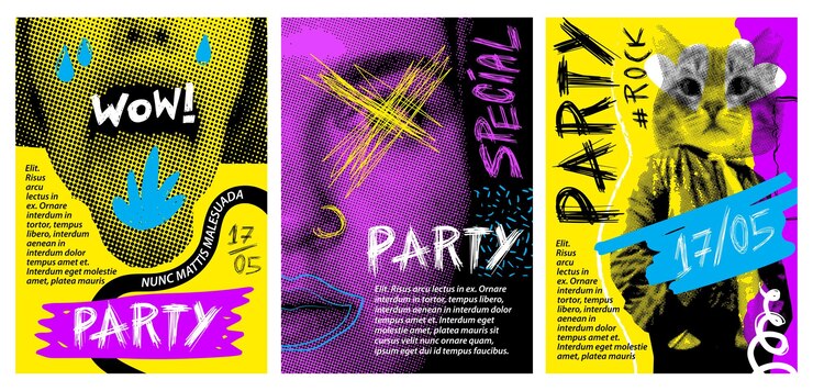 Um conjunto de cartazes grunge punk para festas, eventos, exposições, colagens retrô de meio tom, design de modelo