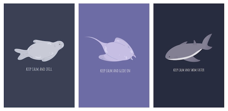 Vetor um conjunto de cartazes minimalistas bonitos com frases engraçadas mantêm a calma um conjunto de carteis com animais marinhos fedendo