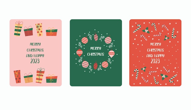Um conjunto de cartazes ou cartões postais Mercado de Natal Feliz Ano Novo e Natal