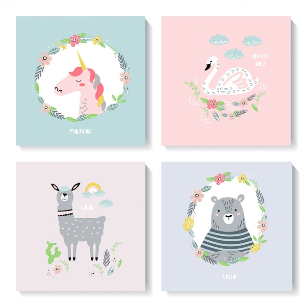 Um conjunto de cartões bonitos com animais.