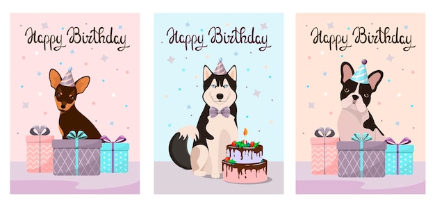 Um conjunto de cartões com cães feliz aniversário