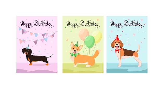 Um conjunto de cartões com design de desenhos animados de festa de aniversário de cães