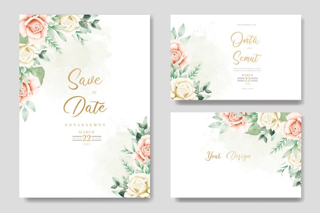 Um conjunto de cartões de convite de casamento com flores em aquarela.