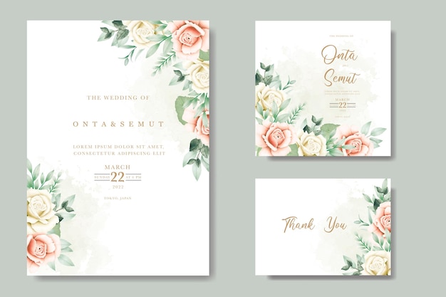 Um conjunto de cartões de convite de casamento com flores em aquarela.