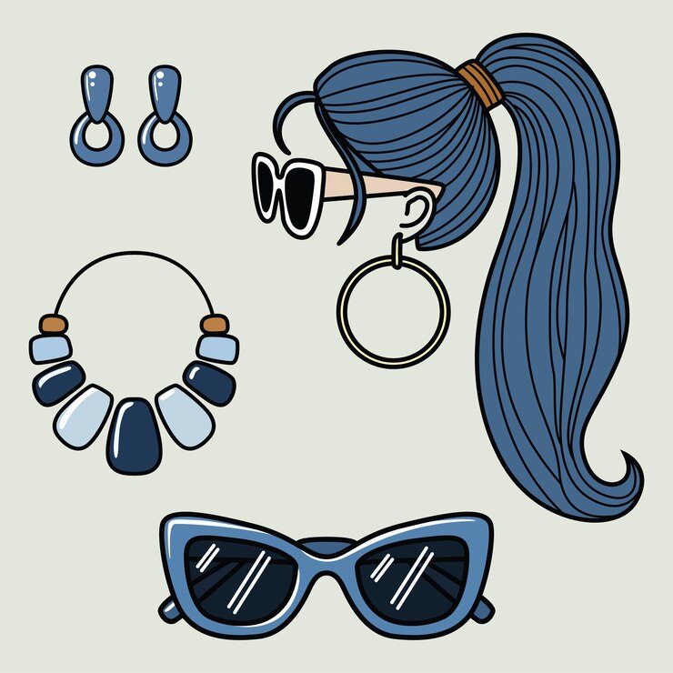 Vetor um conjunto de cliparts de moda com ponytail, penteado, óculos de sol, brincos e colar.