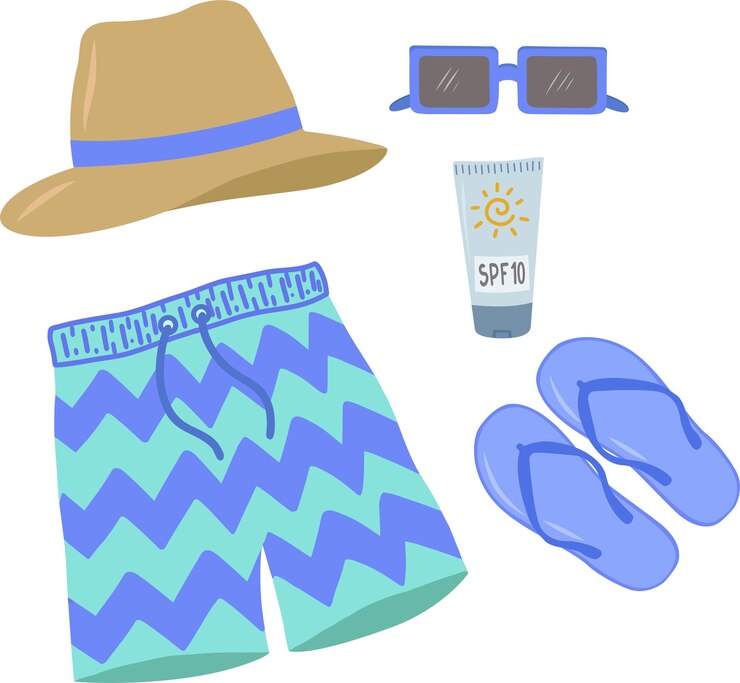 Vetor um conjunto de coisas de verão para relaxar no mar calções flip-flops um chapéu e óculos de sol um desenho animado plano