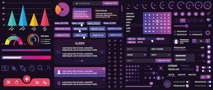 Vetor um conjunto de componentes de ui para aplicativos móveis e sites inclui botões, painéis, menus, deslizadores e gráficos