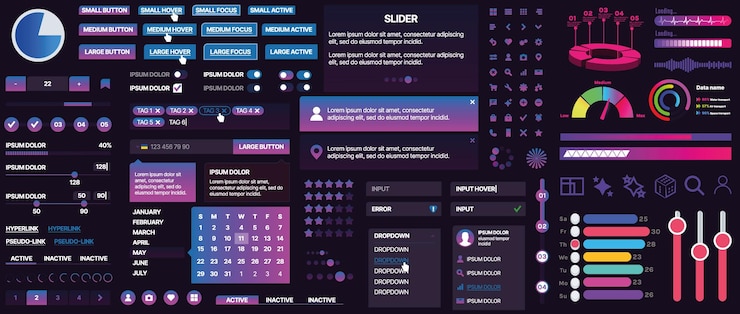 Vetor um conjunto de componentes de ui para aplicativos móveis e sites inclui botões, painéis, menus, deslizadores e gráficos