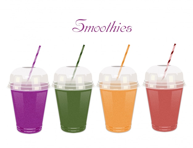 Um conjunto de copos de plástico com smoothies com túbulos em branco