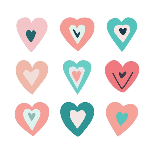Um conjunto de corações de amor em cores pastel