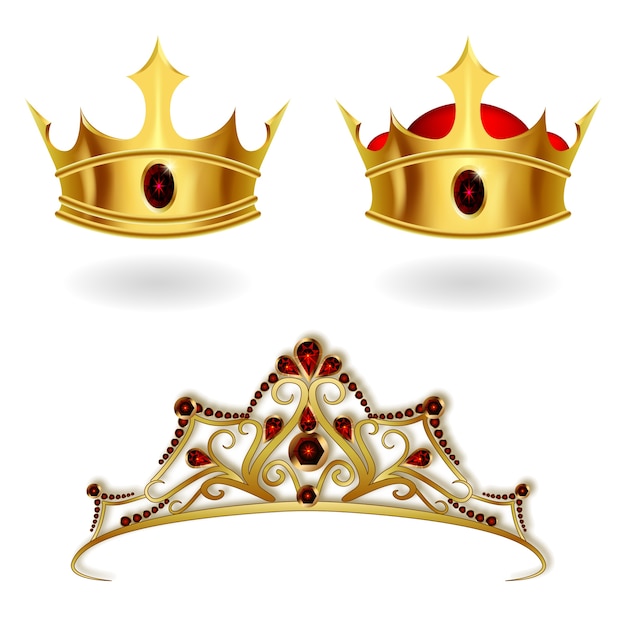 Um conjunto de coroas e tiaras de ouro realistas