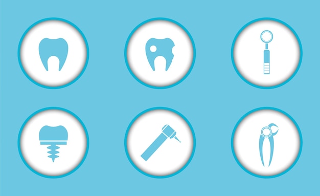 Um conjunto de crachás dentários planos ferramentas de exame e tratamento odontológico de forma redonda