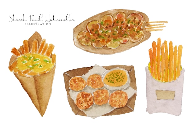 Um conjunto de deliciosas ilustrações em aquarela de comida de rua