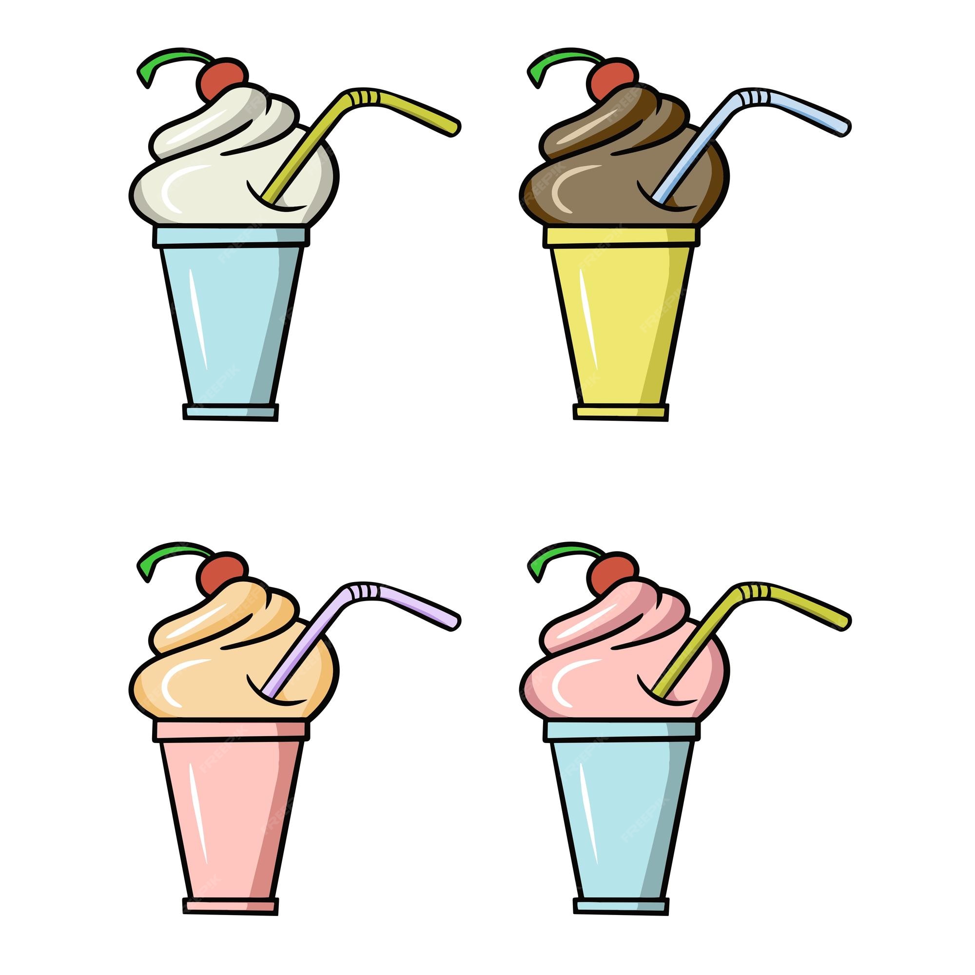 Um conjunto para um livro de colorir milk-shake delicioso com sorvete de  cerejas frio em um vetor de desenho animado de xícara