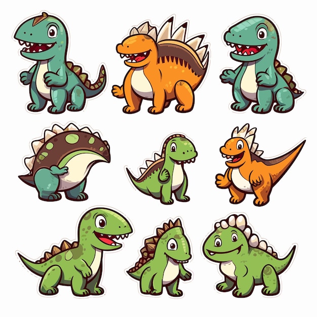 Um conjunto de desenhos animados de dinossauros com personagens diferentes.