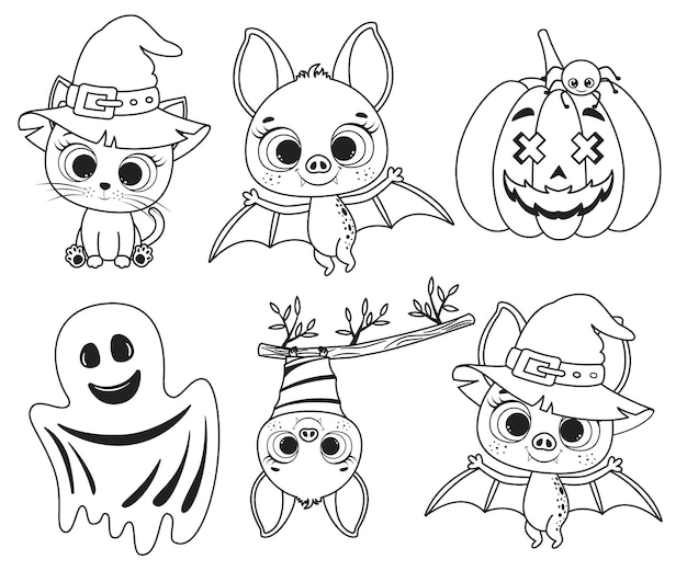 Vetor um conjunto de desenhos de contorno para o halloween. ilustração vetorial.