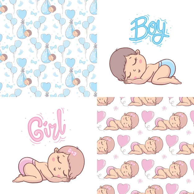 Um conjunto de designs prontos para recém-nascidos este é um menino é uma menina ilustração vetorial