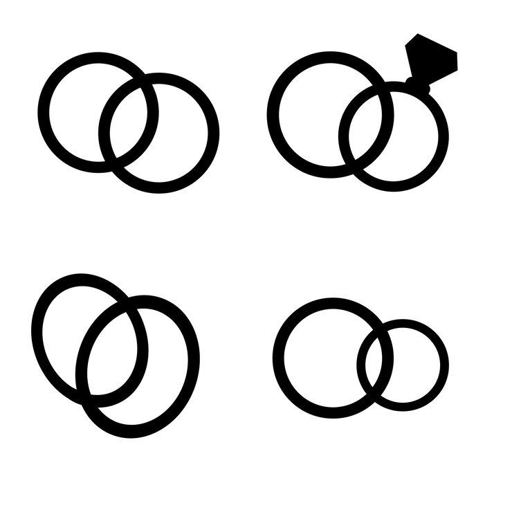 Um conjunto de diferentes silhuetas de anel de casamento fofos vetoriais Anel de silhueta isolado no fundo branco