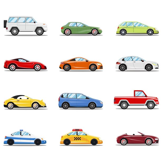 Um conjunto de diferentes tipos de carros e caminhões isolados em ilustração de fundo branco